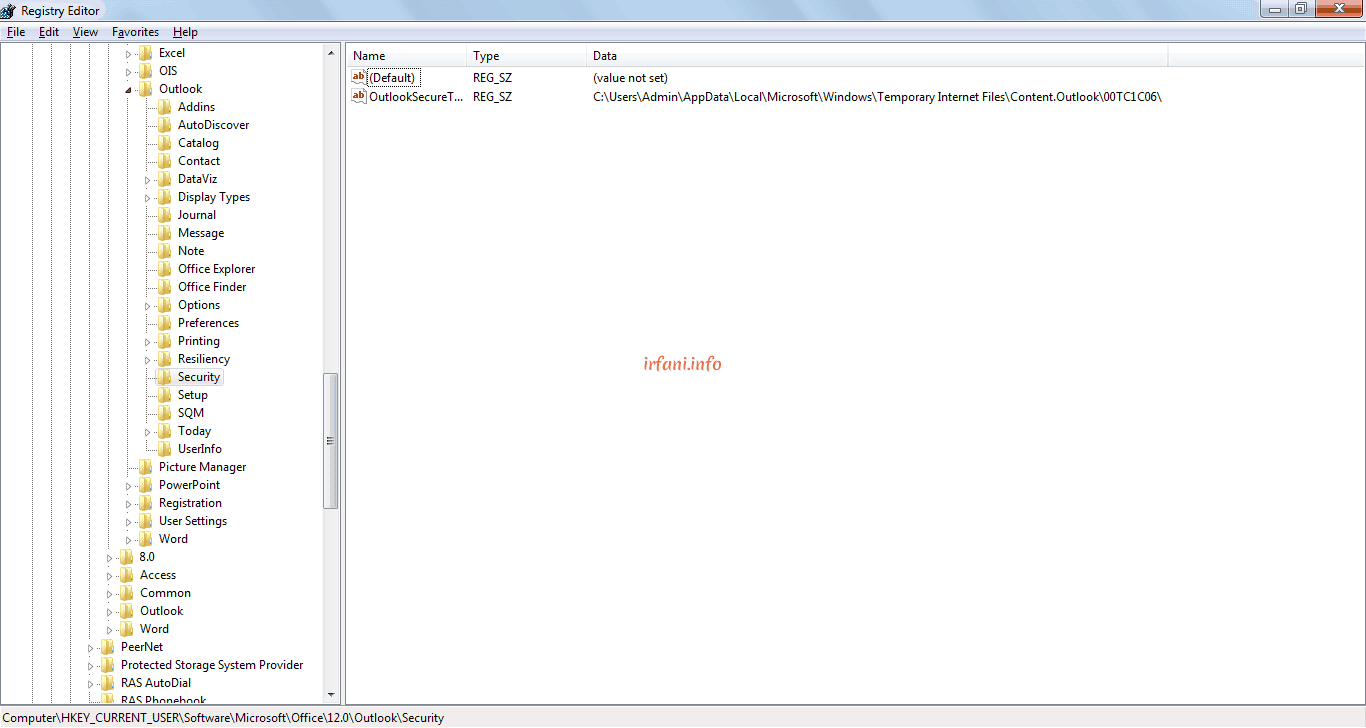 Navigating to Outlook Security key in Registry Editor