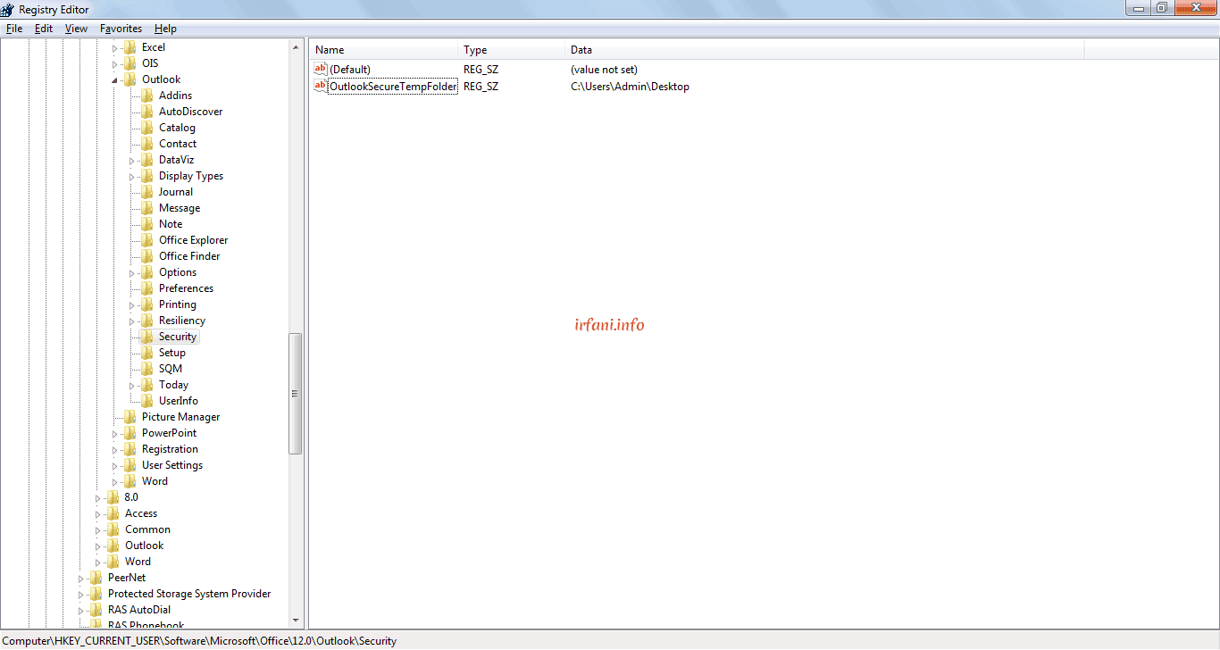 Changing the OutlookSecureTempFolder value data to new folder path