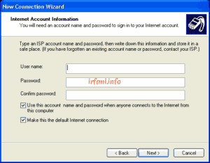 Enter username and password PPPoE Windows XP