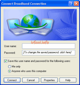 PPPoE connection login window Windows XP
